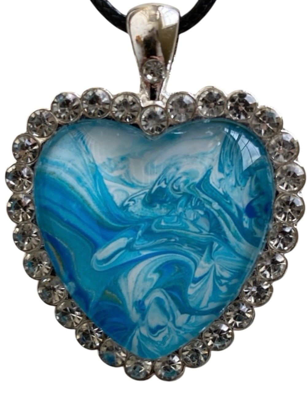Hand Crafted Heart Fluid Art Necklace by Svetlana Yeung White Blue Gold Pendant